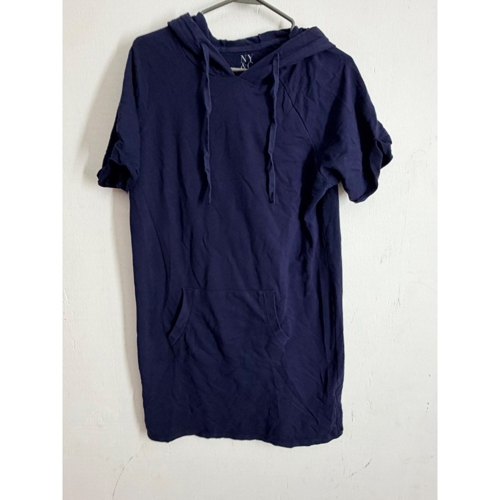 NY&C New York & Company Navy Blue Short Sleeve Hoodie Dress Tunic Pocket Medium